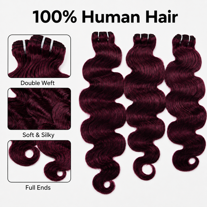 #99J Burgundy Body Wave Hair Bundles Brazilian Human Hair for Sew in Quick Weave