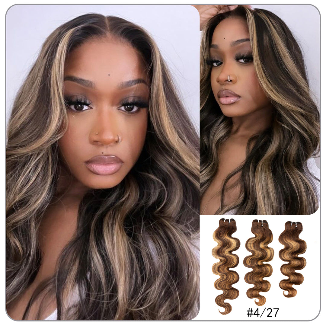 Brown Highlight Body Wave | 100% Human Hair Bundles | Budget Friendly 10A Grade Brazilian Virgin 100% Human Hair Quick Weave Sew in/Glue in Viral Hair Bundles