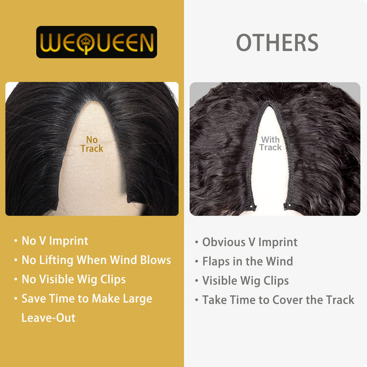 [Wequeen] Wear & Go Glueless Straight/ Kinky Curly V Part Wig No Leave Out Thin Part Human Hair Wigs for Beginner Protective Style - Natural Black #1b