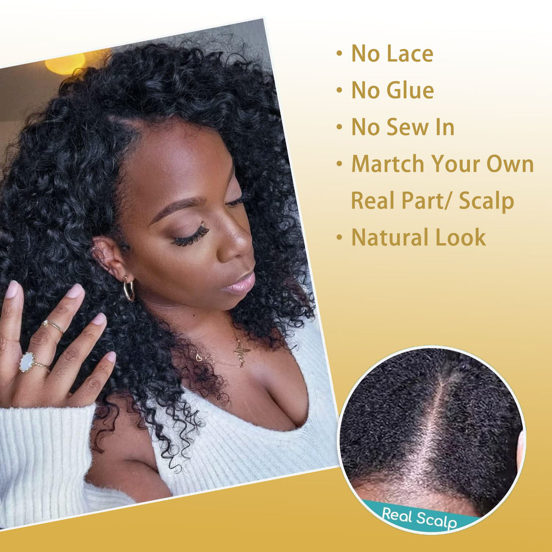 [Wequeen] Wear & Go Glueless Straight/ Kinky Curly V Part Wig No Leave Out Thin Part Human Hair Wigs for Beginner Protective Style - Natural Black #1b