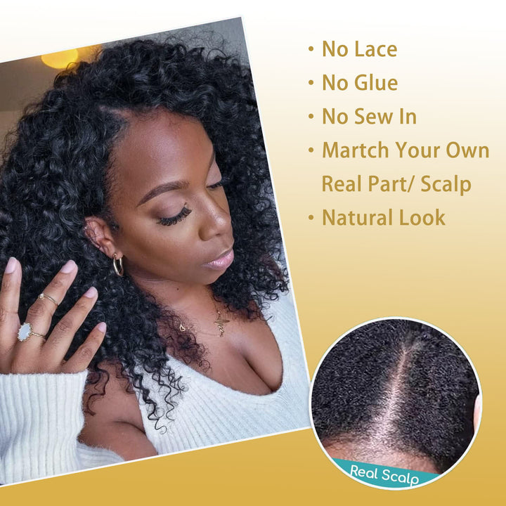 [Wequeen] Wear & Go Glueless Straight/ Kinky Curly V Part Wig No Leave Out Thin Part Human Hair Wigs for Beginner Protective Style - Natural Black #1b