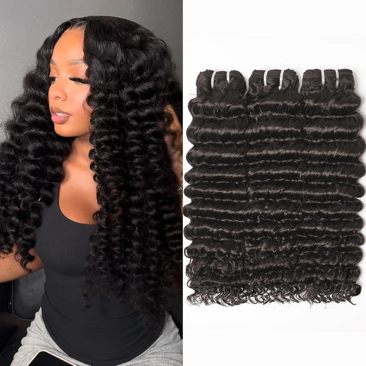 Vacation Friendly Deep Wavy Bundles | 14–26” Human Hair | #1B Natural Black | Natural Look, Big Volume